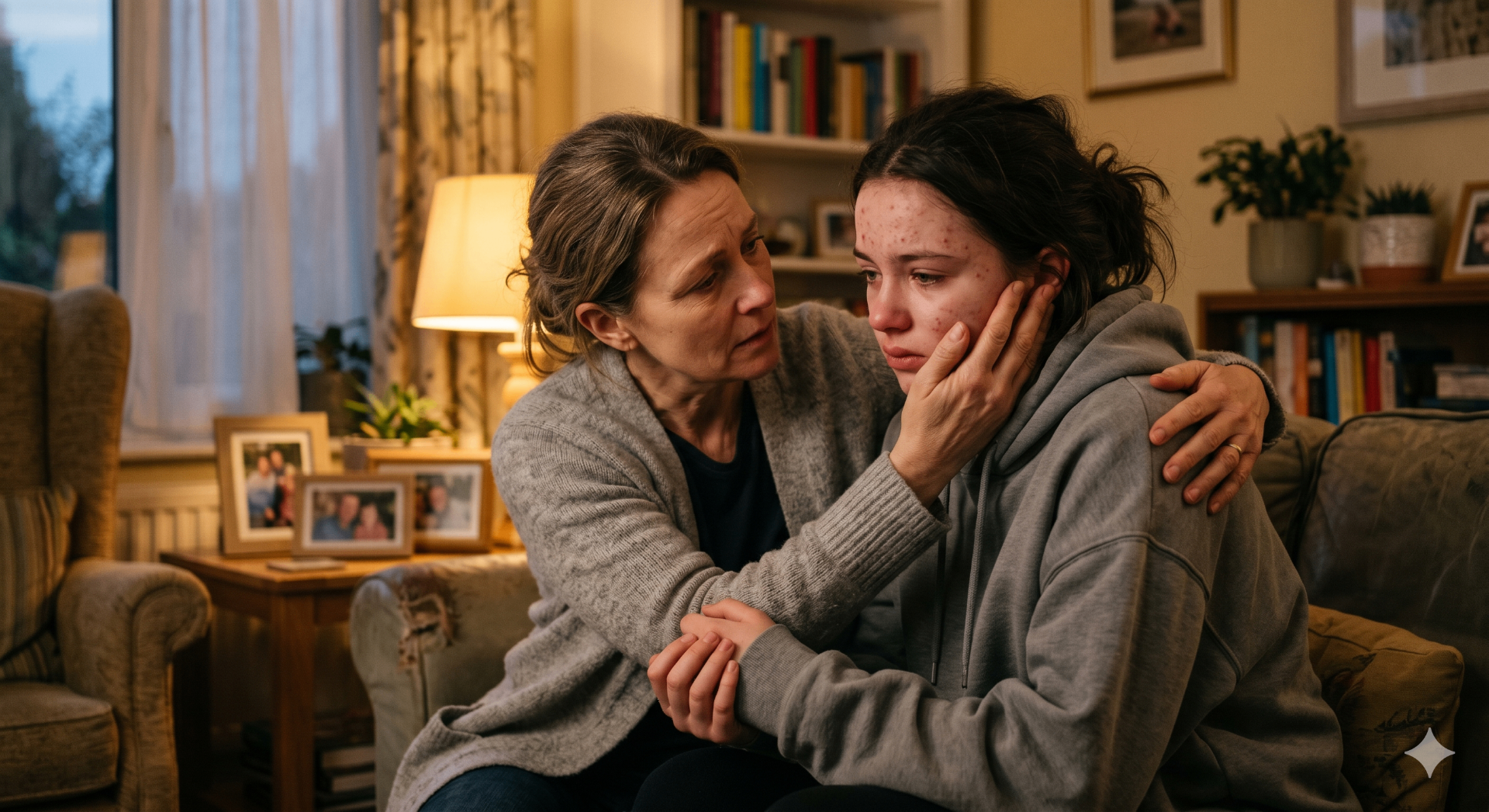 Madre consolando a su hija con acné en la sala